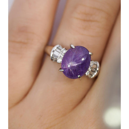 5.06 Carat Cabochon Star Pinkish Purple Sapphire Baguette Diamond Ring Platinum-Time and Carat