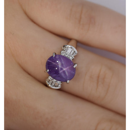 5.06 Carat Cabochon Star Pinkish Purple Sapphire Baguette Diamond Ring Platinum-Time and Carat