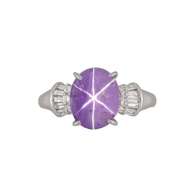 5.06 Carat Cabochon Star Pinkish Purple Sapphire Baguette Diamond Ring Platinum-Time and Carat