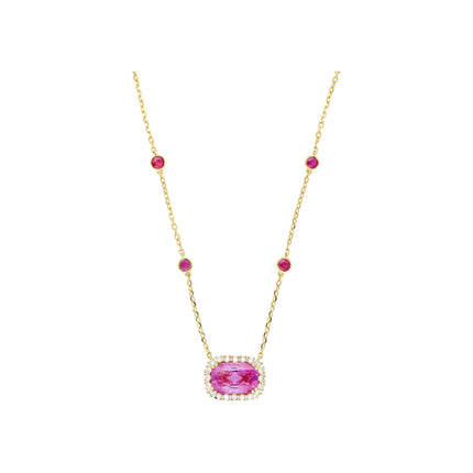 5.10 Carat Cushion Cut No Heat Ceylon Pink Sapphire Diamond Ruby Necklace 18K Yellow Gold-Time and Carat