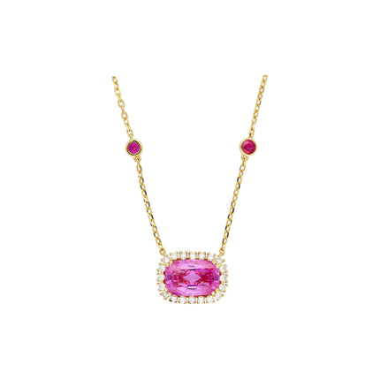 5.10 Carat Cushion Cut No Heat Ceylon Pink Sapphire Diamond Ruby Necklace 18K Yellow Gold-Time and Carat