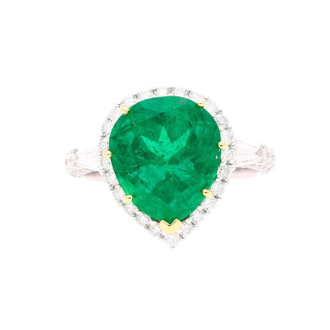 5.12 Carat Pear Cut Colombian Emerald Baguette Round Diamond Two Tone Ring-Time and Carat