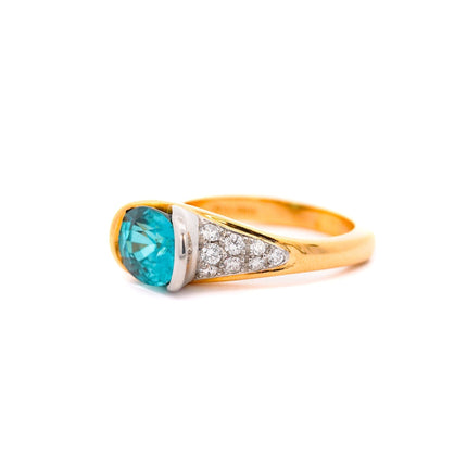 5.25 Carat Oval Cut Greenish Blue Zircon Round Diamond Two Tone Bypass Ring-Time and Carat