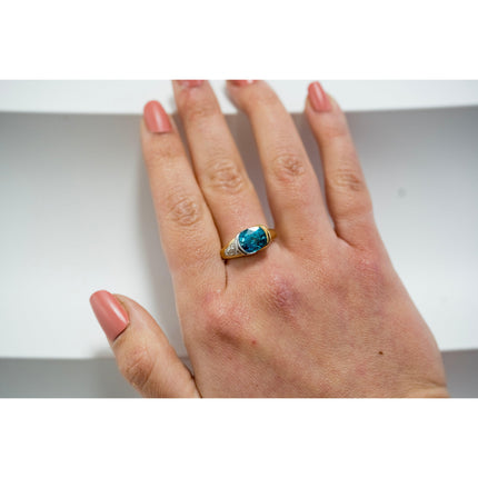 5.25 Carat Oval Cut Greenish Blue Zircon Round Diamond Two Tone Bypass Ring-Time and Carat