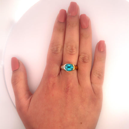 5.25 Carat Oval Cut Greenish Blue Zircon Round Diamond Two Tone Bypass Ring-Time and Carat
