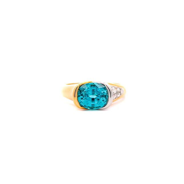 5.25 Carat Oval Cut Greenish Blue Zircon Round Diamond Two Tone Bypass Ring-Time and Carat