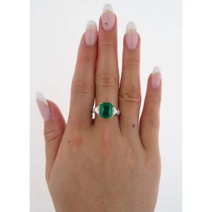 5.31 Carat Emerald Cut Brazilian Emerald Trillion Diamond Three Stone Ring-Time and Carat
