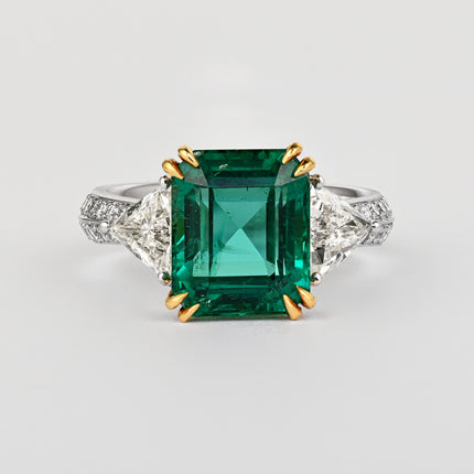 5.31 Carat Emerald Cut Brazilian Emerald Trillion Diamond Three Stone Ring-Time and Carat