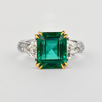 5.31 Carat Emerald Cut Brazilian Emerald Trillion Diamond Three Stone Ring-Time and Carat