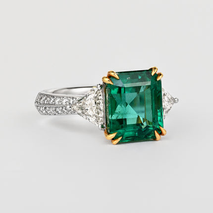 5.31 Carat Emerald Cut Brazilian Emerald Trillion Diamond Three Stone Ring-Time and Carat