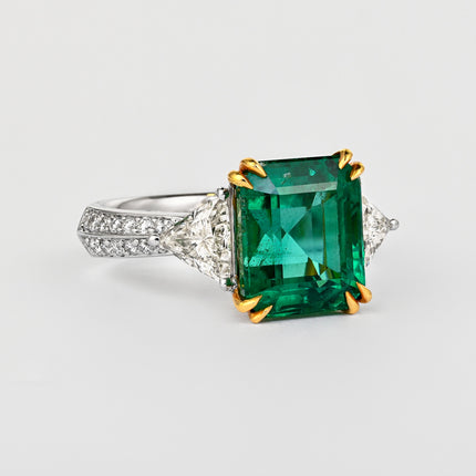 5.31 Carat Emerald Cut Brazilian Emerald Trillion Diamond Three Stone Ring-Time and Carat
