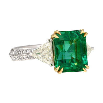 5.31 Carat Emerald Cut Brazilian Emerald Trillion Diamond Three Stone Ring-Time and Carat