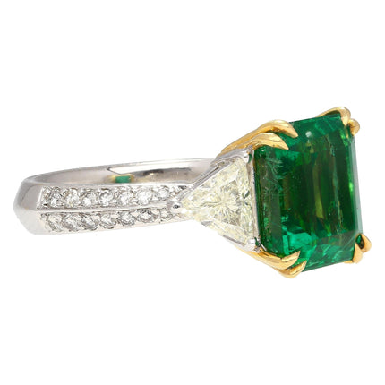 5.31 Carat Emerald Cut Brazilian Emerald Trillion Diamond Three Stone Ring-Time and Carat