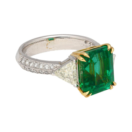 5.31 Carat Emerald Cut Brazilian Emerald Trillion Diamond Three Stone Ring-Time and Carat