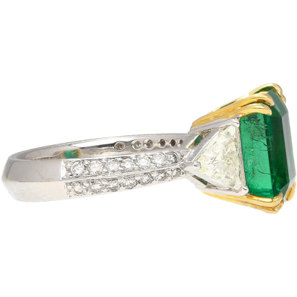 5.31 Carat Emerald Cut Brazilian Emerald Trillion Diamond Three Stone Ring-Time and Carat