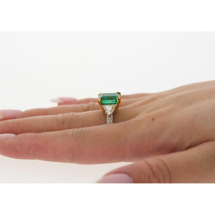 5.31 Carat Emerald Cut Brazilian Emerald Trillion Diamond Three Stone Ring-Time and Carat