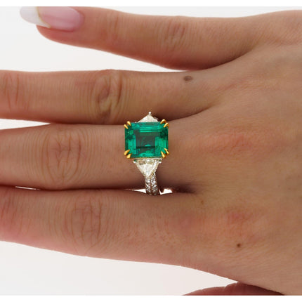5.31 Carat Emerald Cut Brazilian Emerald Trillion Diamond Three Stone Ring-Time and Carat