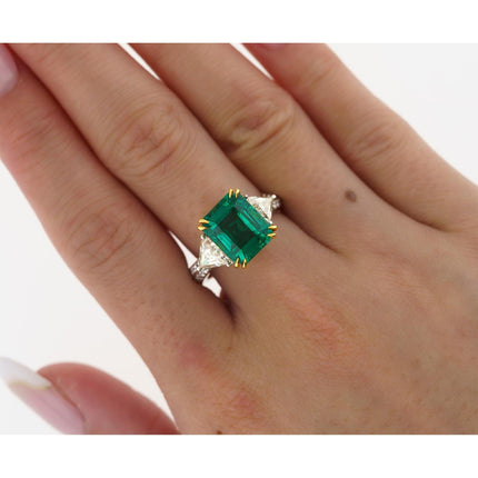 5.31 Carat Emerald Cut Brazilian Emerald Trillion Diamond Three Stone Ring-Time and Carat