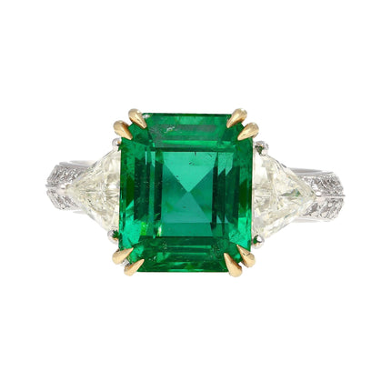 5.31 Carat Emerald Cut Brazilian Emerald Trillion Diamond Three Stone Ring-Time and Carat