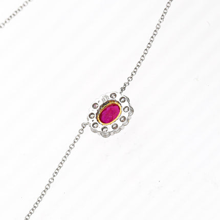 0.83 Carat Oval Burma Ruby Round Brilliant Diamond Single Halo 18K White Yellow Gold Pendant Necklace