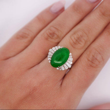 5.32 Carat Oval Cabochon Untreated Green Jadeite Jade Baguette Diamond Ballerina Ring Platinum-Time and Carat