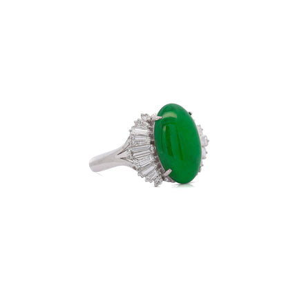 5.32 Carat Oval Cabochon Untreated Green Jadeite Jade Baguette Diamond Ballerina Ring Platinum-Time and Carat