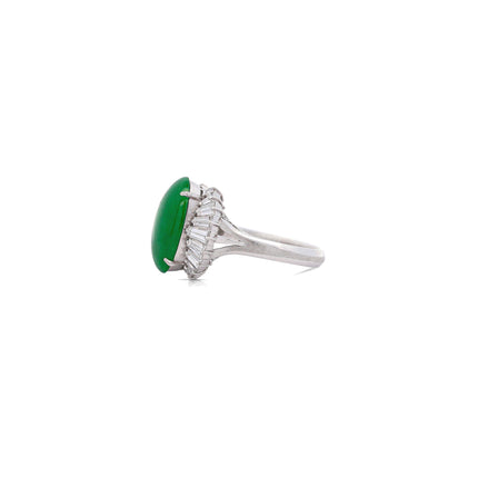 5.32 Carat Oval Cabochon Untreated Green Jadeite Jade Baguette Diamond Ballerina Ring Platinum-Time and Carat