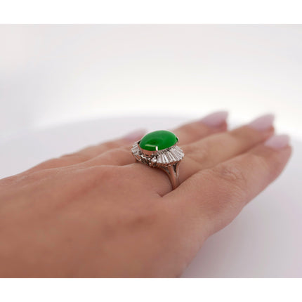 5.32 Carat Oval Cabochon Untreated Green Jadeite Jade Baguette Diamond Ballerina Ring Platinum-Time and Carat