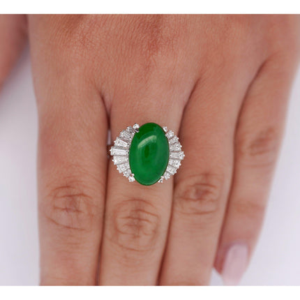 5.32 Carat Oval Cabochon Untreated Green Jadeite Jade Baguette Diamond Ballerina Ring Platinum-Time and Carat