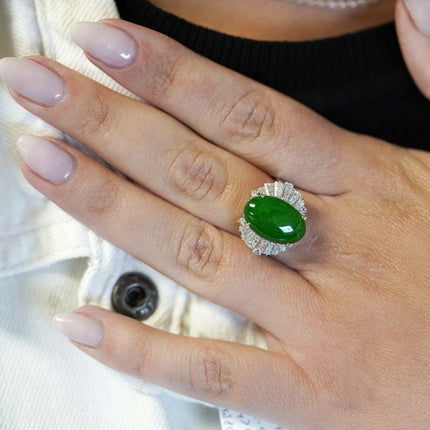 5.32 Carat Oval Cabochon Untreated Green Jadeite Jade Baguette Diamond Ballerina Ring Platinum-Time and Carat