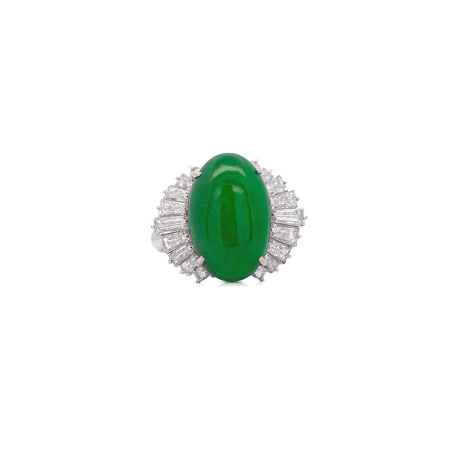 5.32 Carat Oval Cabochon Untreated Green Jadeite Jade Baguette Diamond Ballerina Ring Platinum-Time and Carat