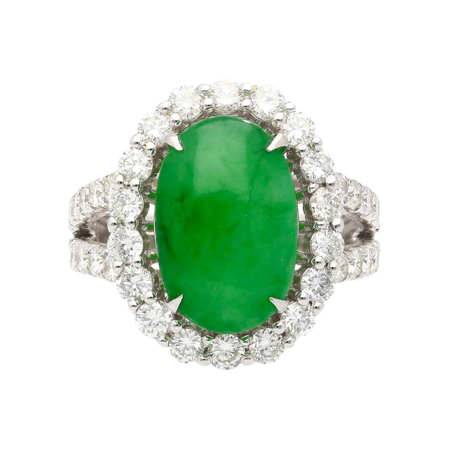 5.329 Carat Oval Cut Green Jade Round Diamond Halo Cocktail Ring-Time and Carat
