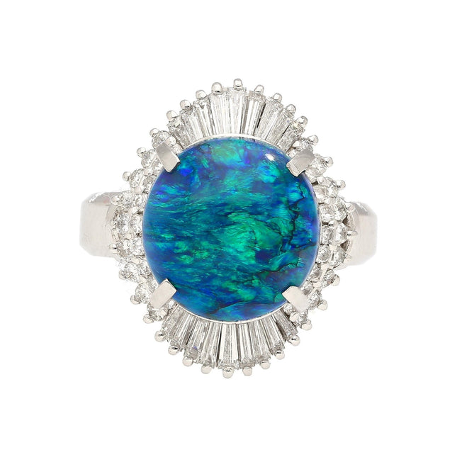 5.38 Carat Black Opal Diamond Halo Ballerina Cocktail Ring Vintage Platinum-Time and Carat