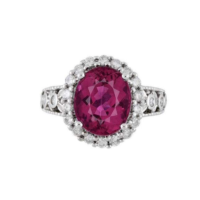 5.52 Carat Oval Cut Purplish Red Rubellite Diamond Halo Filigree Ring-Time and Carat
