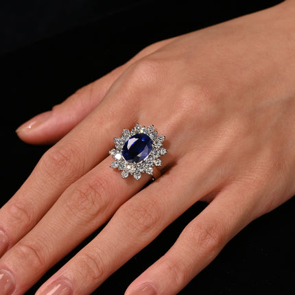 5.79 Carat Oval Royal Blue Sapphire Diamond Halo Ring-Time and Carat