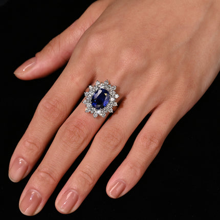 5.79 Carat Oval Royal Blue Sapphire Diamond Halo Ring-Time and Carat