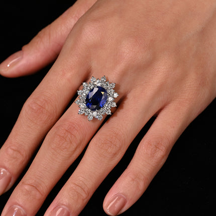 5.79 Carat Oval Royal Blue Sapphire Diamond Halo Ring-Time and Carat