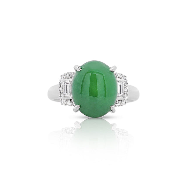 5.80 Carat Oval Cabochon Intense Green Jadeite Jade Diamond Statement Ring Platinum-Time and Carat