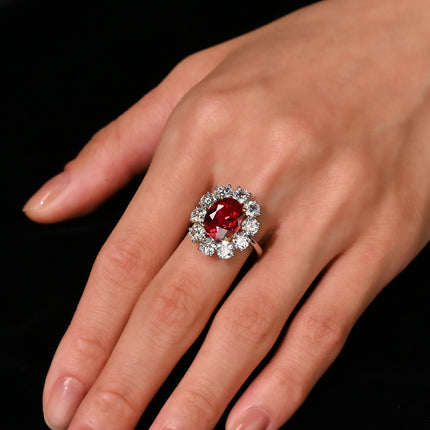 5.81 Carat Oval Cut Vivid Red Siam Ruby Diamond Halo Ring-Time and Carat