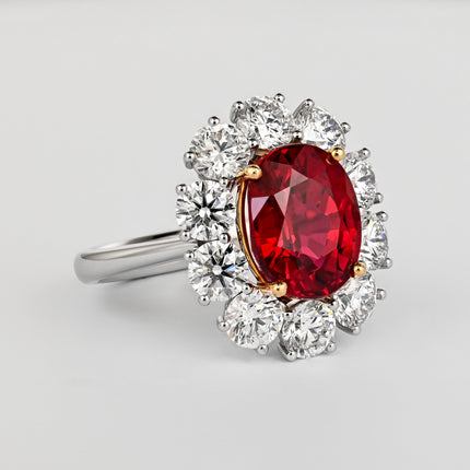 5.81 Carat Oval Cut Vivid Red Siam Ruby Diamond Halo Ring-Time and Carat