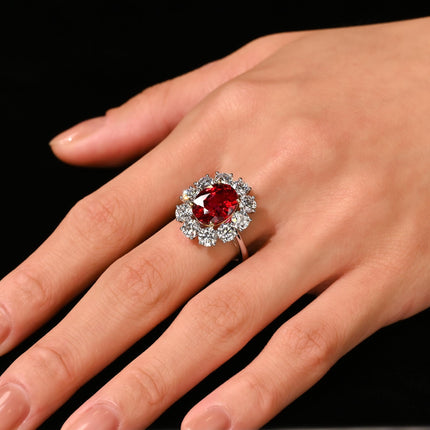 5.81 Carat Oval Cut Vivid Red Siam Ruby Diamond Halo Ring-Time and Carat