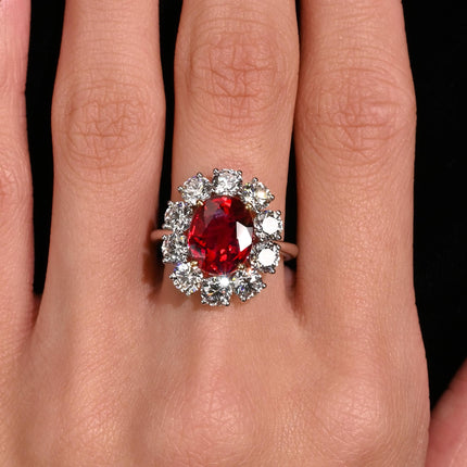 5.81 Carat Oval Cut Vivid Red Siam Ruby Diamond Halo Ring-Time and Carat