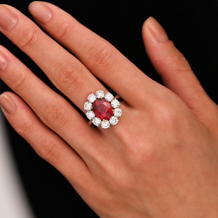 5.81 Carat Oval Cut Vivid Red Siam Ruby Diamond Halo Ring-Time and Carat