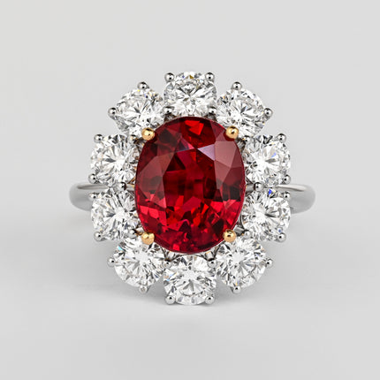 5.81 Carat Oval Cut Vivid Red Siam Ruby Diamond Halo Ring-Time and Carat
