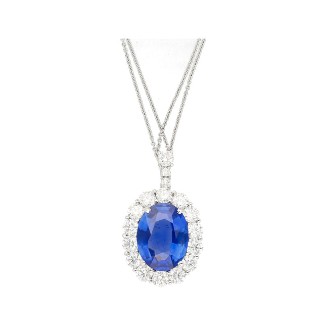 5.83 Carat Oval Cut No Heat Blue Sapphire Diamond Halo Platinum Pendant-Time and Carat