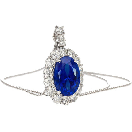 5.83 Carat Oval Cut Sri Lanka Blue Sapphire Round Diamond Halo Platinum Pendant-Time and Carat
