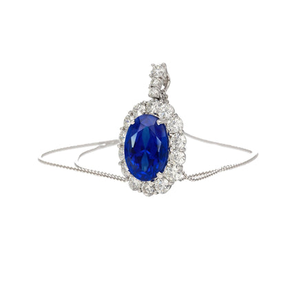 5.83 Carat Oval Cut Sri Lanka Blue Sapphire Round Diamond Halo Platinum Pendant-Time and Carat
