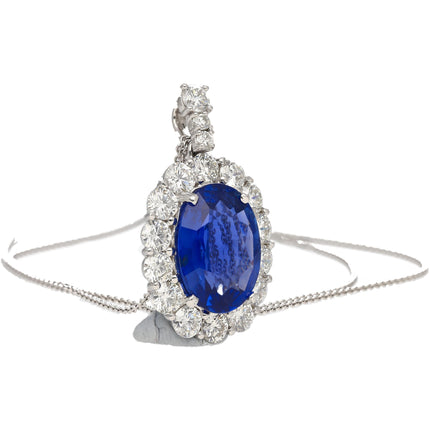 5.83 Carat Oval Cut Sri Lanka Blue Sapphire Round Diamond Halo Platinum Pendant-Time and Carat