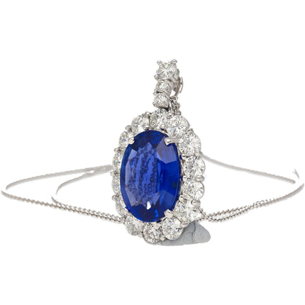 5.83 Carat Oval Cut Sri Lanka Blue Sapphire Round Diamond Halo Platinum Pendant-Time and Carat