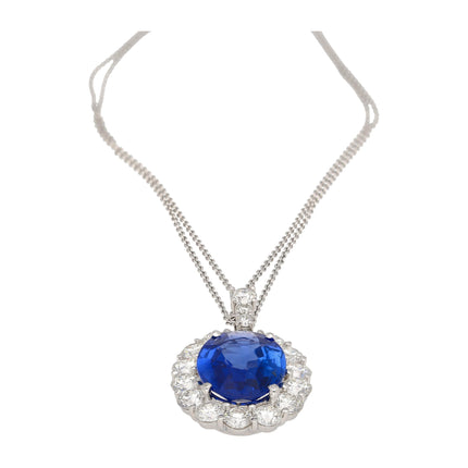 5.83 Carat Oval Cut Sri Lanka Blue Sapphire Round Diamond Halo Platinum Pendant-Time and Carat
